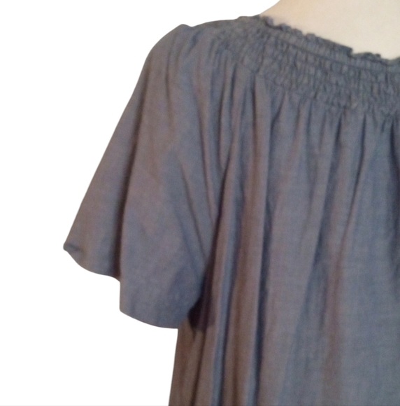 Talbots Floral Embroidered Blue Chambray Smocked Neckline Cotton Dress Size 14 - Picture 6 of 9